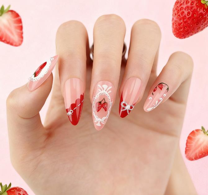 

New Nail Art Nail Patch Small Fresh Strawberry Bow Classic French Diamond Almond Nail Wearing Nail Patch Free jelly glue + rubbing strips