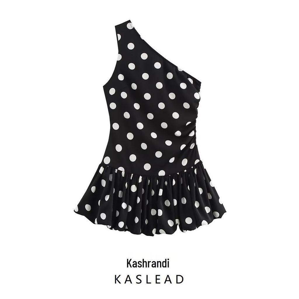 2025 Spring Women's European & American Style Polka Dot One-Shoulder Bodycon Dress