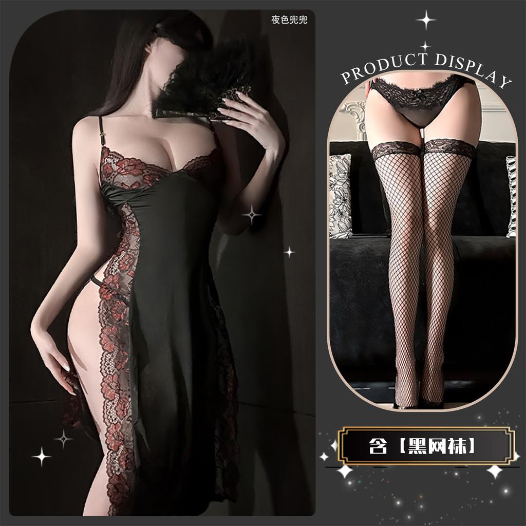Sexy Underwear, Sexy Suspenders, Printed Slim-fitting Seduction Dress, Lace Leakage, Split Fork, Pure Desire Cheongsam