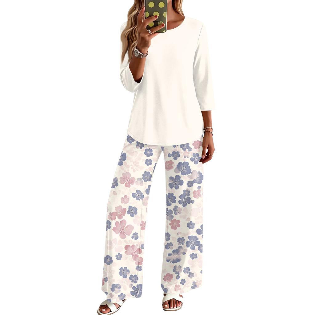 Women's Casual Two Piece Set Loose Fit Round Neck Top with Three Quarter Sleeves and Wide Leg Printed Pants Lounge Wear Set