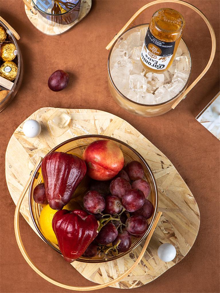 Přenosná průhledná skleněná mísa na ovoce | Kbelík na ledové víno | Salátová mísa | Koš na svačinu s dřevěnou rukojetí