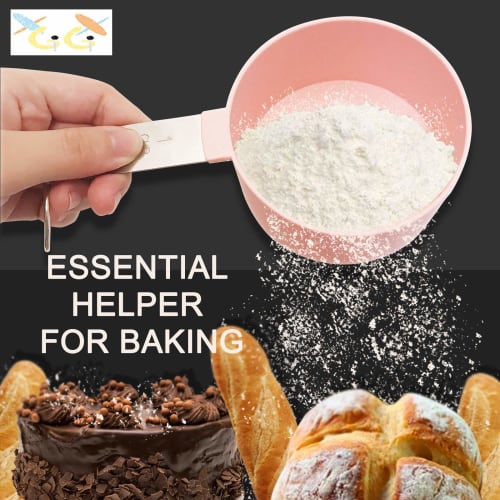 XGiGiX 8-Piece Pink Measuring Cup and Measuring Spoon Set with Stainless Steel Handles, Cute Pink Cups, and 2 Kitchen Tool Hooks