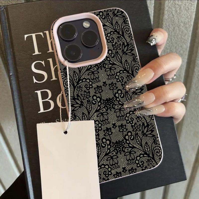 

Black Lace Flower Pattern Lychee Texture Phone Case For iPhone 17 Pro Max 16 15 14 13 12 11 Pro 15 Plus 17E Silicone Soft Cover iPhone 15 Pro