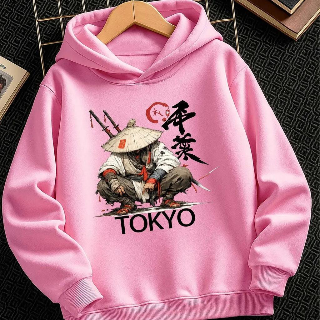 Cozy kids hooded pullover with retro tokyo samurai design, soft premium fabric, suitable for kids daily home wear and cool autumn family gatherings.