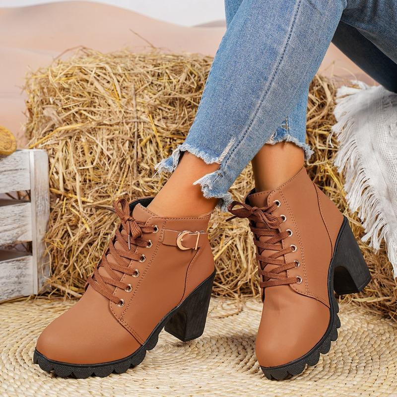 Plus Size Fashion Lace-Up Front Buckle Booties Women's Round Toe Platform Non-Slip Block Heels