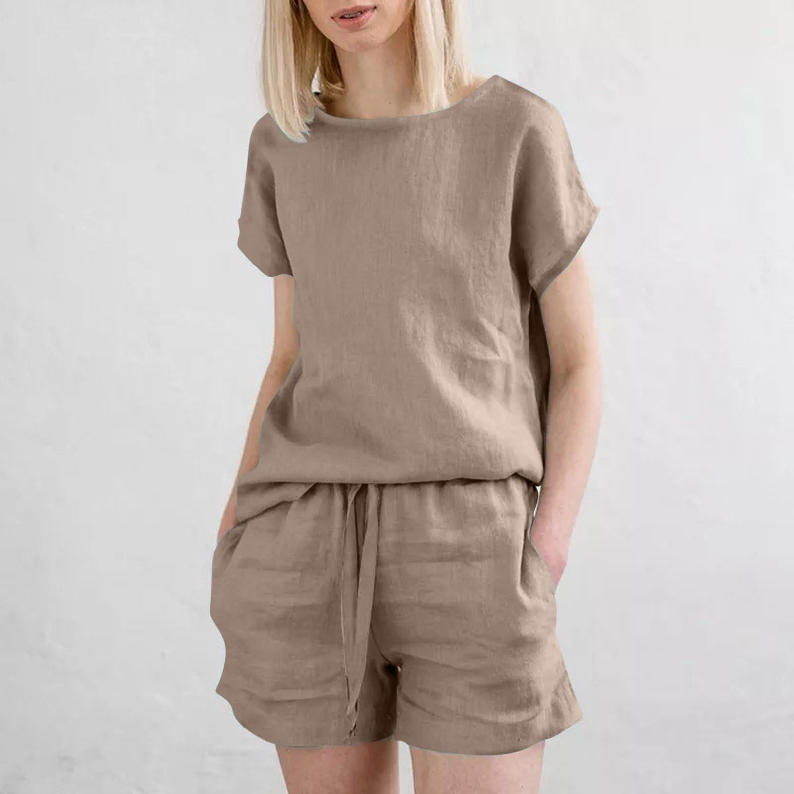 

Женские летние комплекты из 2 предметов Свободный топ с коротким рукавом и круглым вырезом Однотонные шорты в тон Дорожные наряды XL