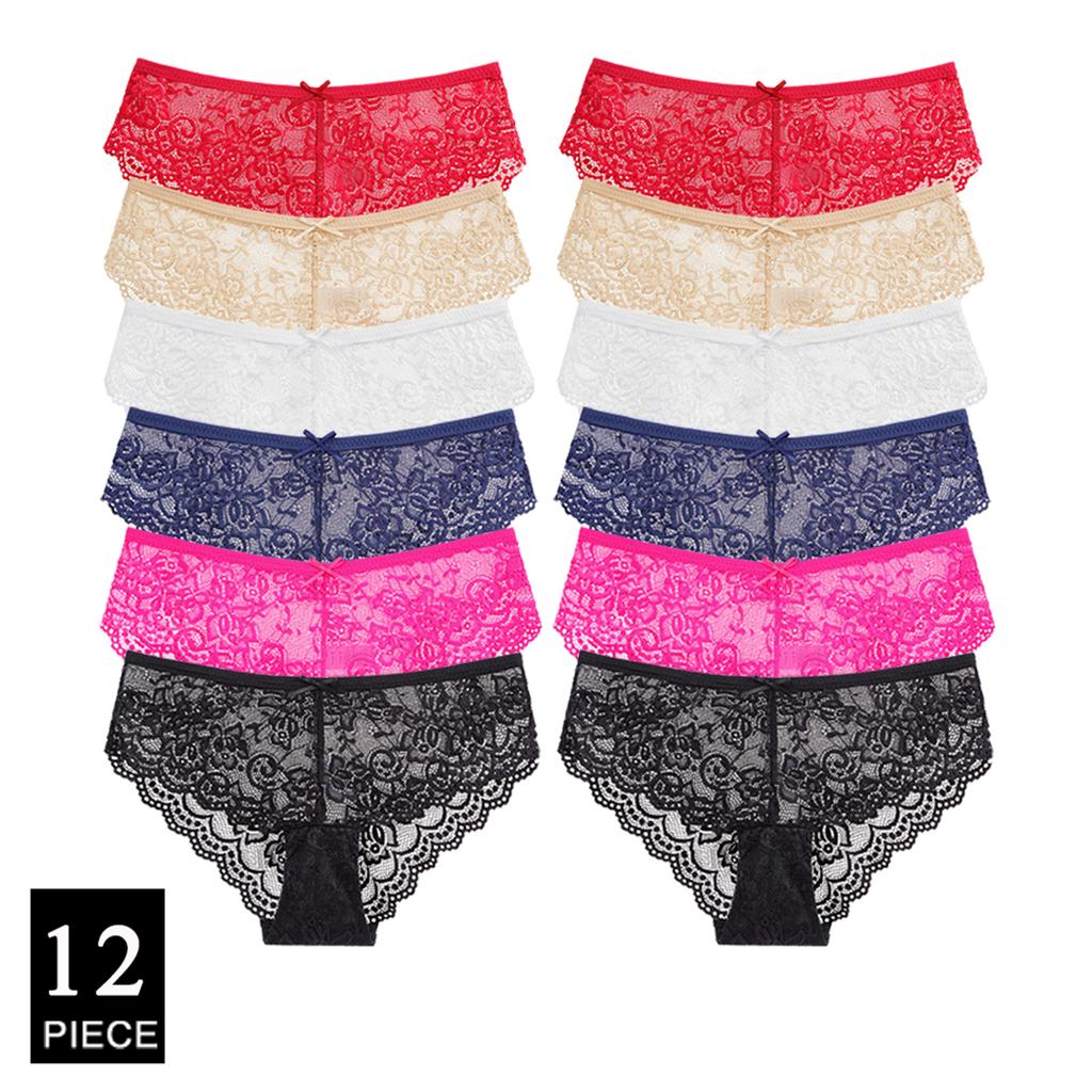 Women Cotton Panties Female Underwear Solid Color Briefs Ladies Panty Lingerie Sexy Lace Hollow Underpants 12 Pcs/set