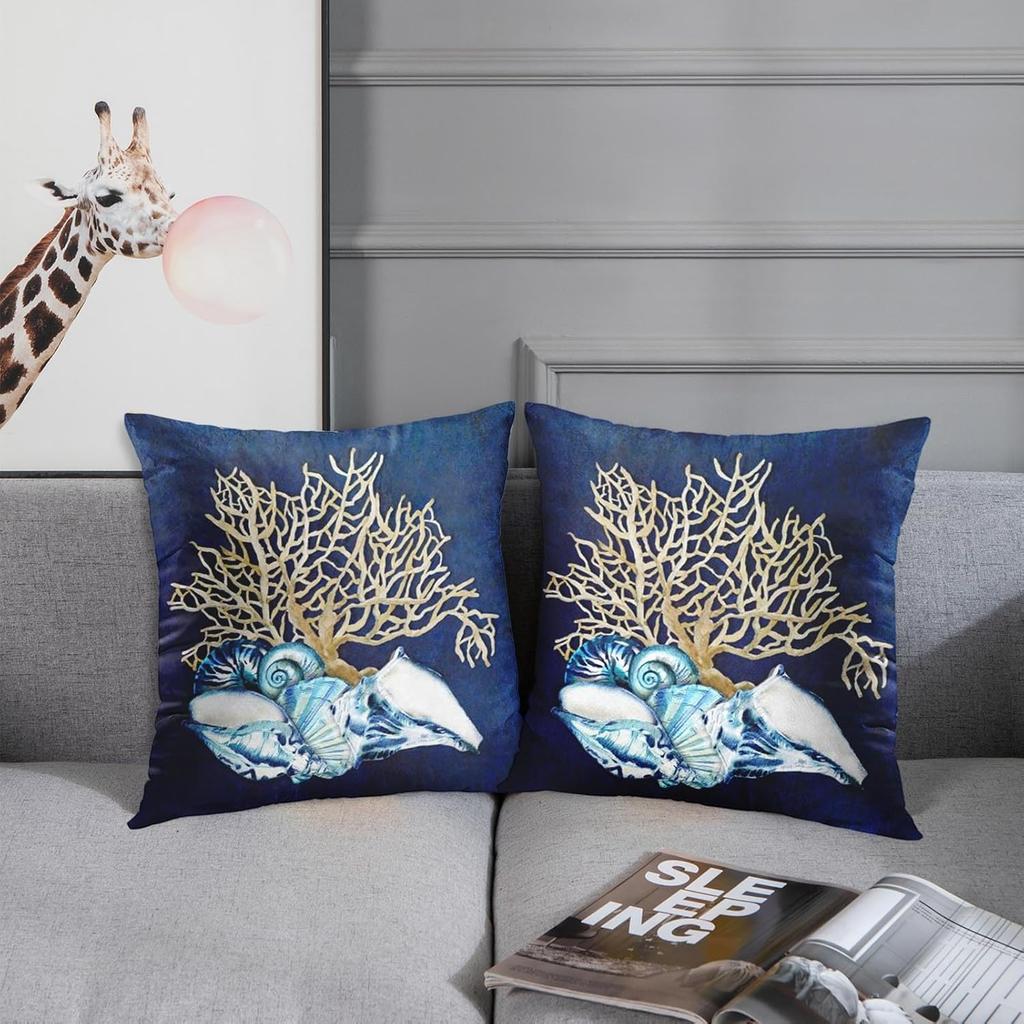 Emvency Set of 2 Throw Pillow Cover Blue Seashore Indigo Ocean Coral Seashells Beach House Gray Coastal Decorative Pillow Case Home Decor Square 18 X