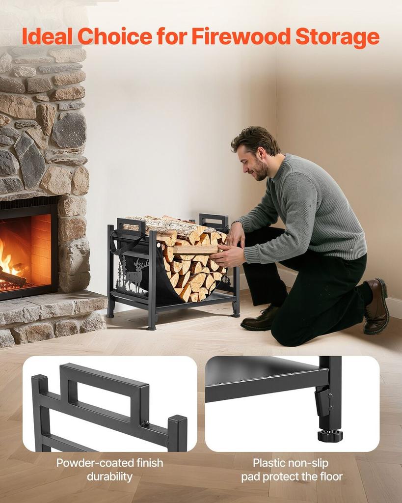 Indoor Firewood Rack, 45cm Curved Log Holder with Canvas Carrier, 18kg Weight Capacity Wood Storage Stand, Powder-Coated Steel Firewood Holder, Heavy