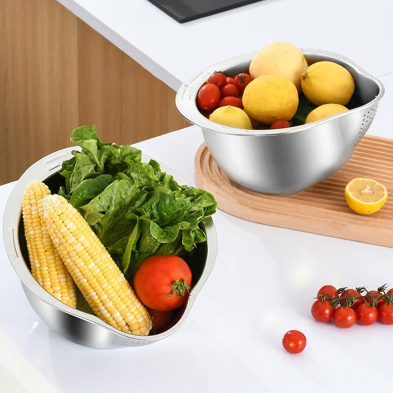 Easy To Store Rice Washing And Draining Tool Multipurpose Stainless Steel Strainer Bowl for Rice and Vegetable Draining