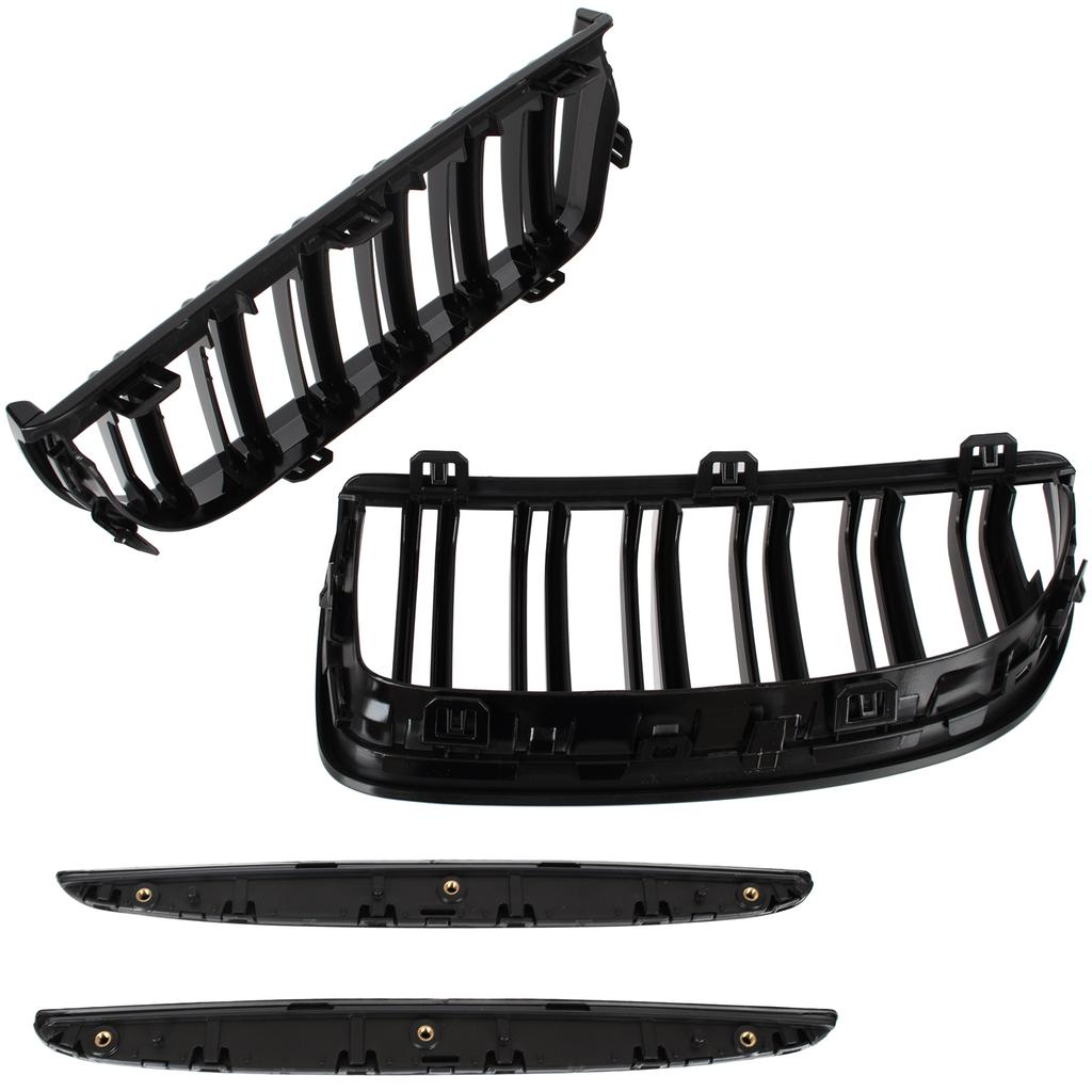 BMW 3 E90 / E91 04-09 SEDANAS / KOMBI grotelės tarp priekinių žibintų (inkstai) kairės + dešinės komplektas JUODAS BLIZGUS Dvigubos juostelės, lenkta šonkaulėta