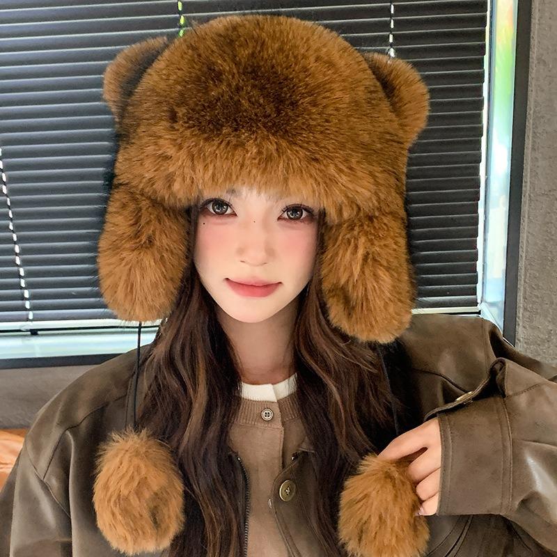 Cute little raccoon with tail hat female winter thickened warm student versatile outdoor bag head cold hat