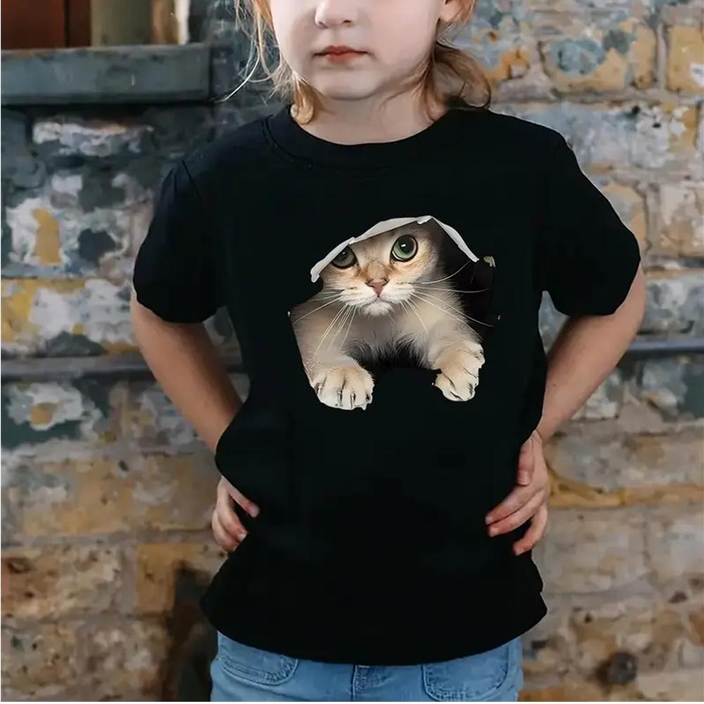 2025 Girl Clothes 3D Print Cute Cat Crew Neck Short Sleeves Graphic T Shirts Summer Streetwear Fashions T-Shirts for Children