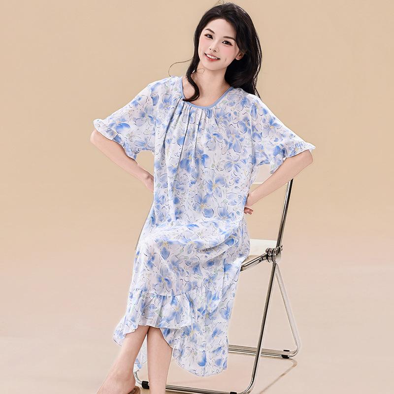 1011 spring and summer new oil painting style nightdress women's cotton and silk loose large size ruffle edge short-sleeved loungewear dress