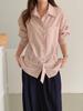 Korean Style Pink Stripe Women's Loose Tie-Waist Casual Long Sleeve Shirt