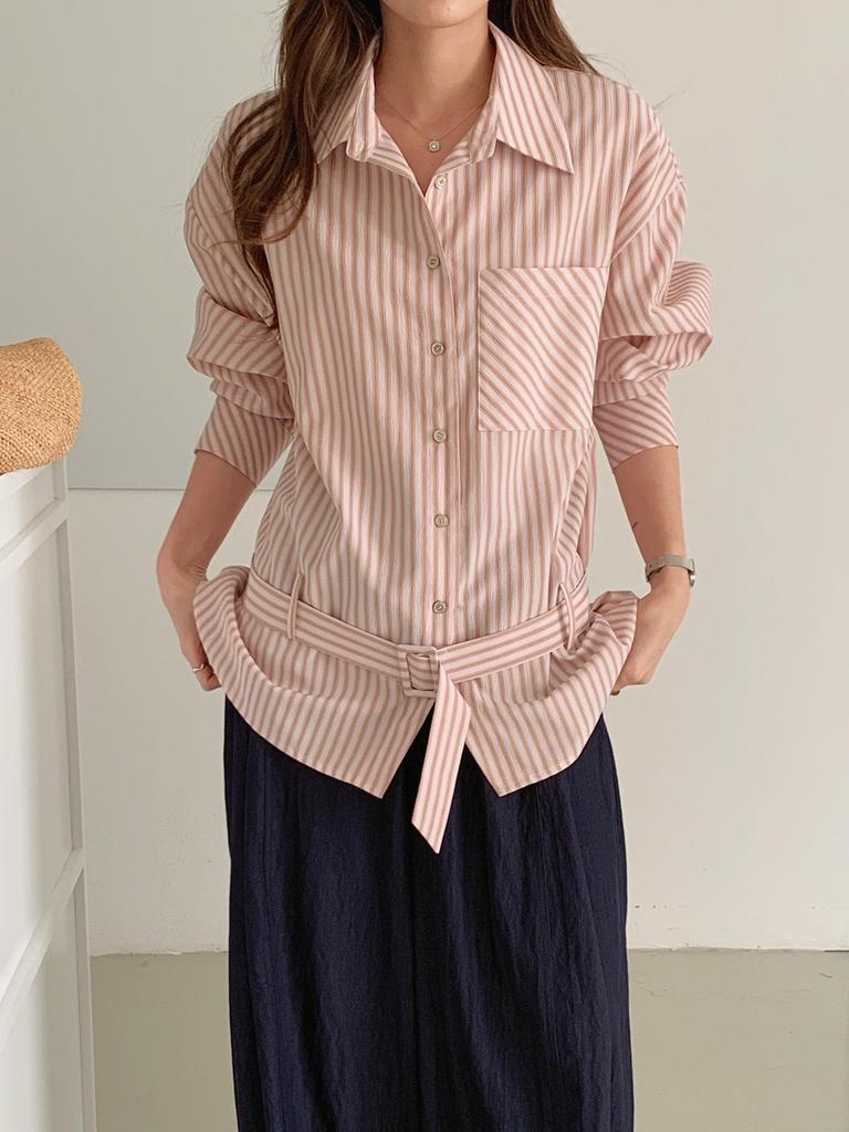 Korean Style Pink Stripe Women's Loose Tie-Waist Casual Long Sleeve Shirt