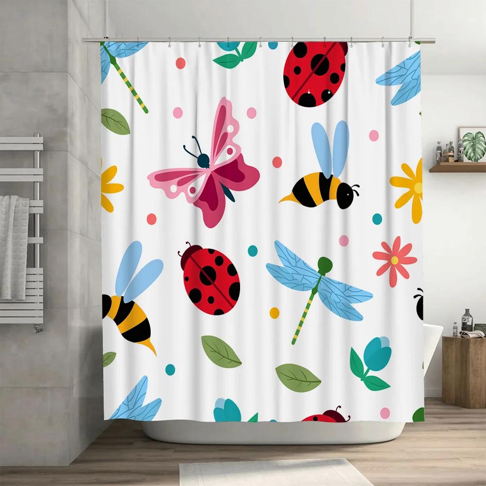 Colorful Insect Shower Curtain for Bathroom Decor Ladybug Dragonfly Butterfly Design