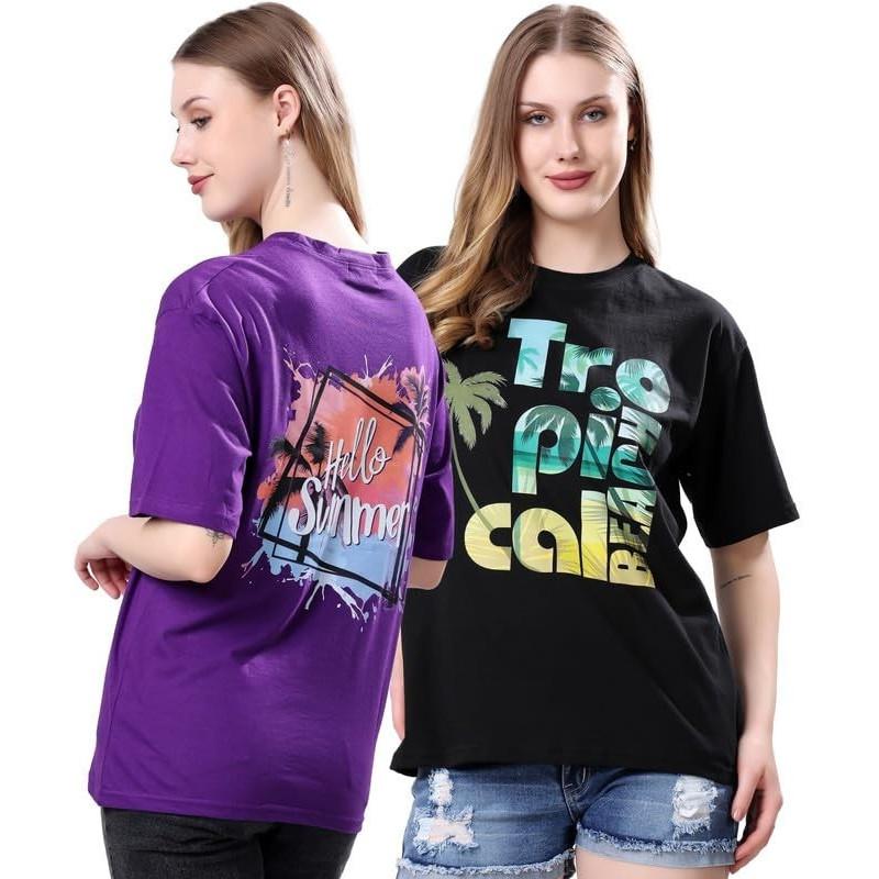 Pack Of 2 Cotton Blend Graphic Printed Half Sleeves Oversized Loose fit T-shirt
