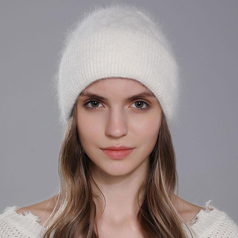 Hats for Women Fashion Twist Style Angora Rabbit Fur Beanie Winter Warm Knitted Cashmere Hat Ladies Casual Skullies Cap белый