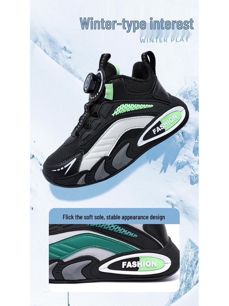 Boys' Winter Sneakers: Velvet-Lined, Rotating Buckle, Cotton Basketball Shoes for Big Kids