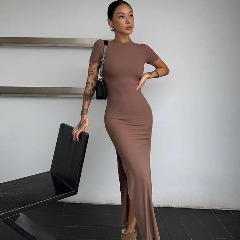 New Summer Short Sleeve Solid Slim Fit Sexy Dress Women Elegant Hip Hugging Casual Women's Long Dresses Vintage Split Stand Collar Female Dress 25992