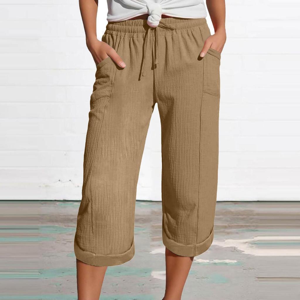 Women's Summer 3/4 Trousers  Summer Trousers With Pockets Causal Loose Trousers Fabric Trousers Sport Leisure Beach Trousers