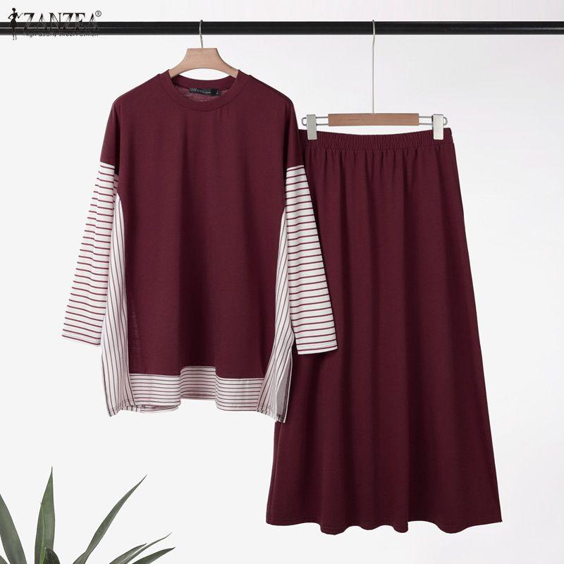 ZANZEA Women Long Sleeve Blouse and Long Skirts Muslim Two Piece Suit Sets
