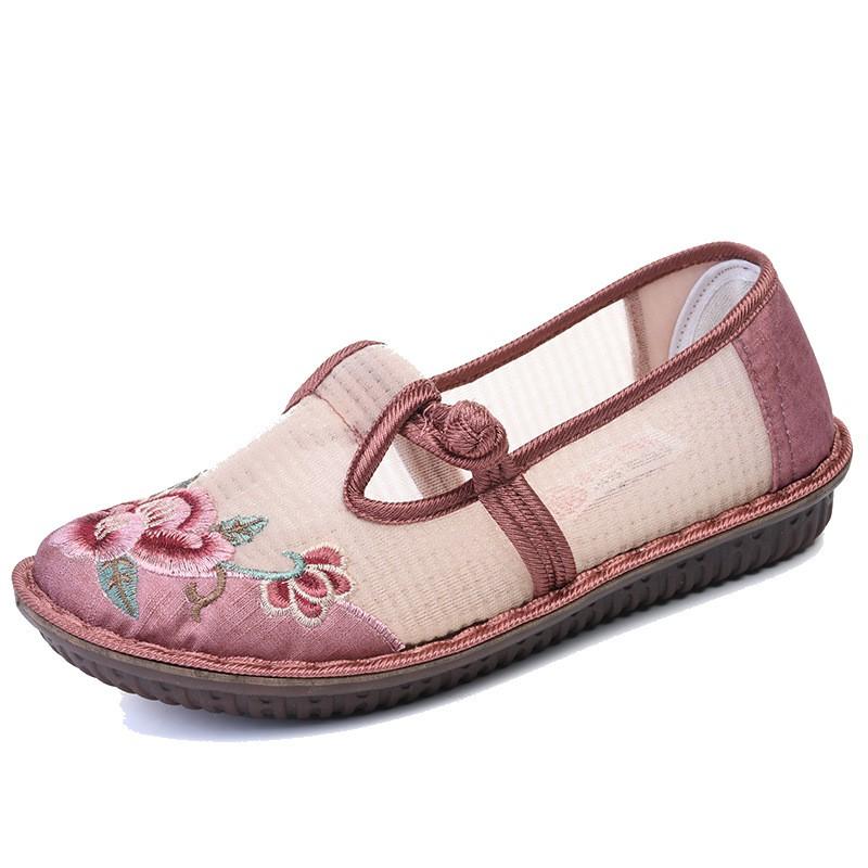 Womens Flat Mesh Embroidered Floral Slip-On Shoes Comfortable Casual Footwear
