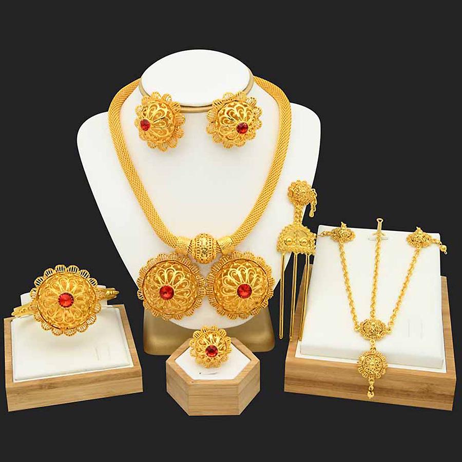 Set di Gioielli in Lega Placcata Oro Vietnamita per Spose Africane: Ornamenti Etiopi da Donna in Sei Pezzi.