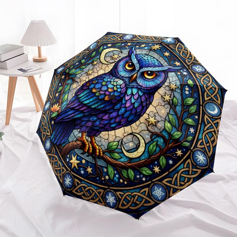 Flower Owl pattern, automatic folding umbrella, portable and foldable design, 8 ribs, a Christmas or birthday gift.