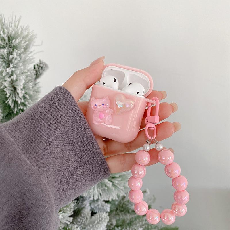 Apple Bluetooth Headset Cover For Airpods 1 /2/3 Generation Pro Pink Girl Love Cute Cat Lanyard