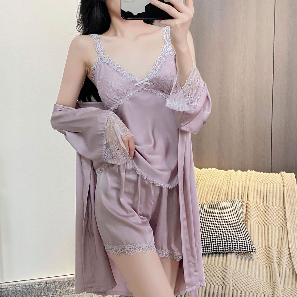Summer thin women's sexy ice silk suspender shorts spring and autumn lace pajama set nightgown silk loungewear