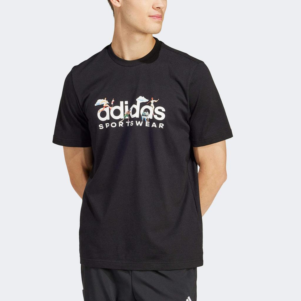 Adidas Performance Landscape Cartoon Print Casual Comfortable Crew Neck Short Sleeve T-Shirt Men Tops Black IS2863