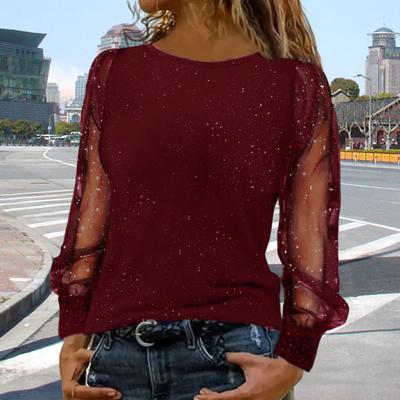 Yousheng Women T-shirt O-neck Mesh Hollow Puff Long Sleeves Soft Stretchy Tops Shiny Rhinestones Regular Fit Tee Shirt Party Casual Wear