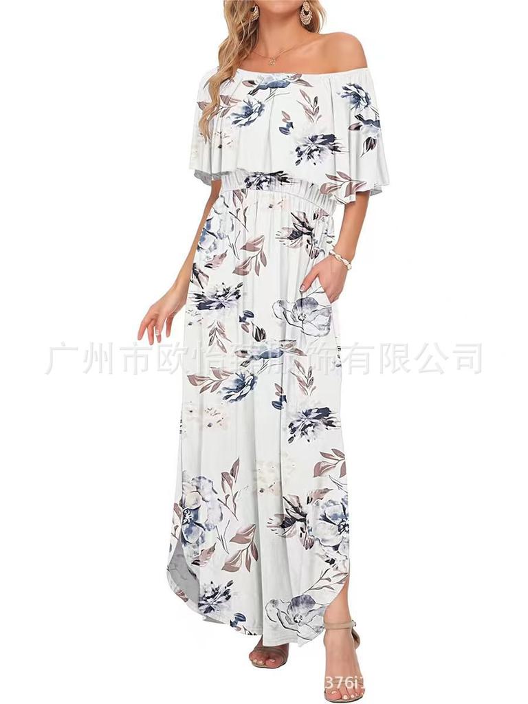 Summer new printed one-word shoulder short-sleeved long dress