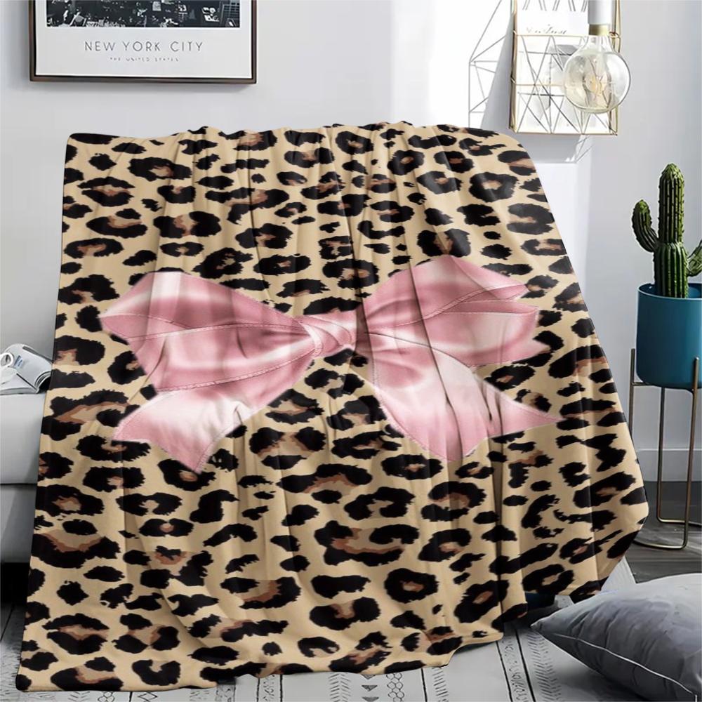 1Pc Leopard Bow Print Flannel Blanket, High quality Comfortable for All Seasons, Home Decor, Warmth and Comfort, Perfect for Gifts