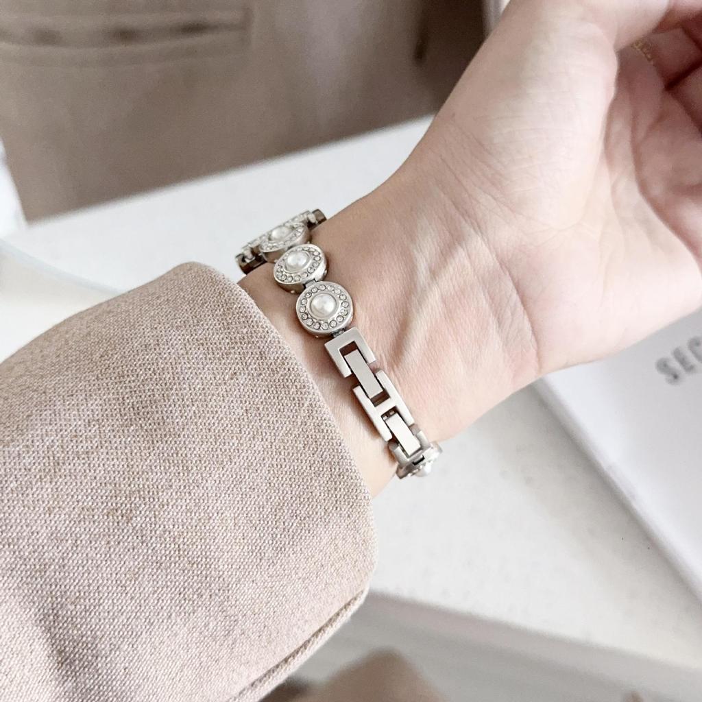 French Style Pearl Metal Chain Band for Apple Watch 11, iWatch 10987E, Huawei GT6, Xiaomi 9