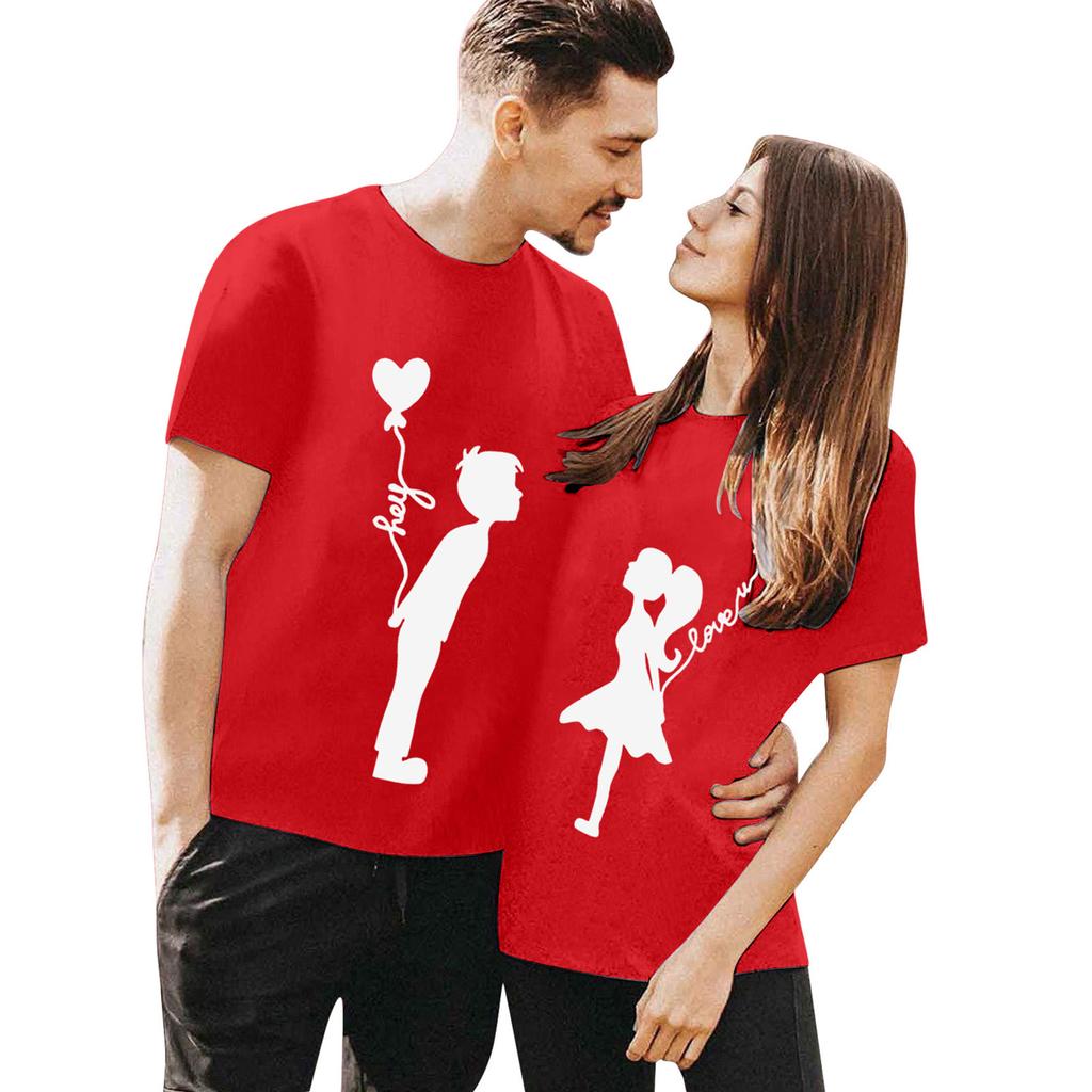 Polyester 100% Valentijnsdag T-shirts voor Koppels, Korte Mouwen, Veelzijdig, Ronde Hals, Leuke Gedrukte Designs voor Zowel Mannen Vrouwen