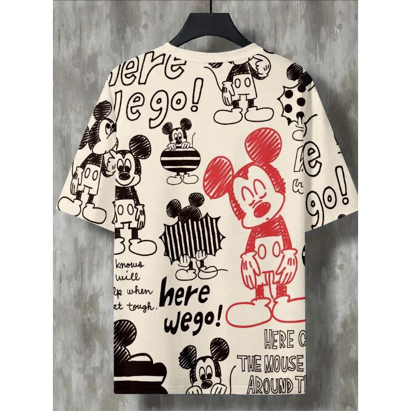 Retro Hand-Drawn Mickey Mouse Pattern Men's Beige T-shirt Casual Top