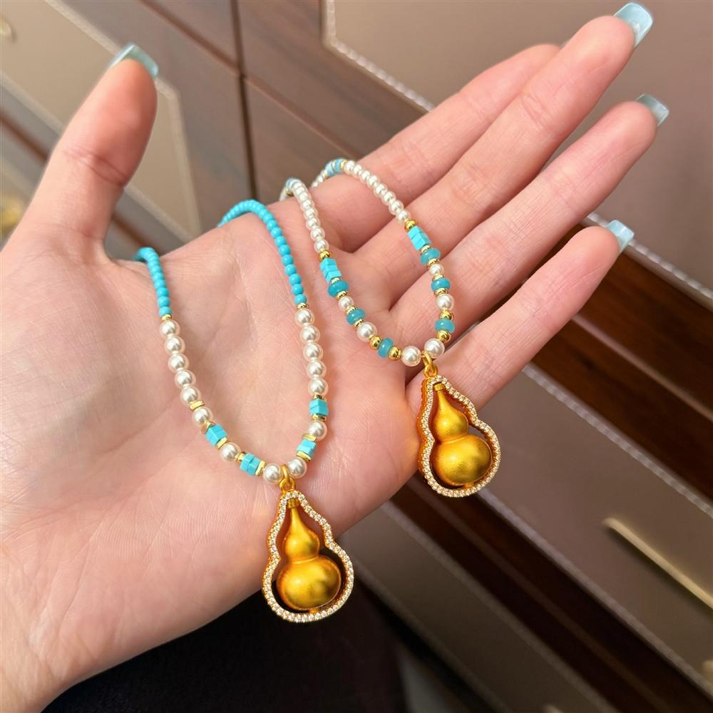 Fashion Chinese Style Gourd Austrian Pearl Necklace, Original Rotatable Design Light Luxury Long Sweater Chain