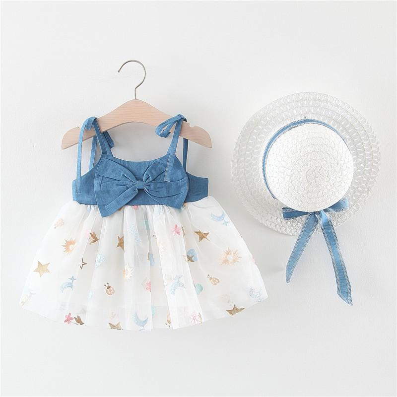Summer Girls Denim Spaghetti Strap Dress With Large Bow Princess Beach Sundress Includes Matching Hat
