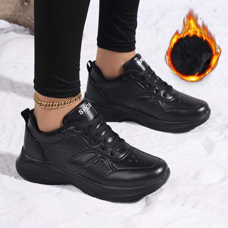 Ultra-light black shoes, new autumn and winter leather surface velvet cotton shoes, flat-bottomed sports and leisure shoes