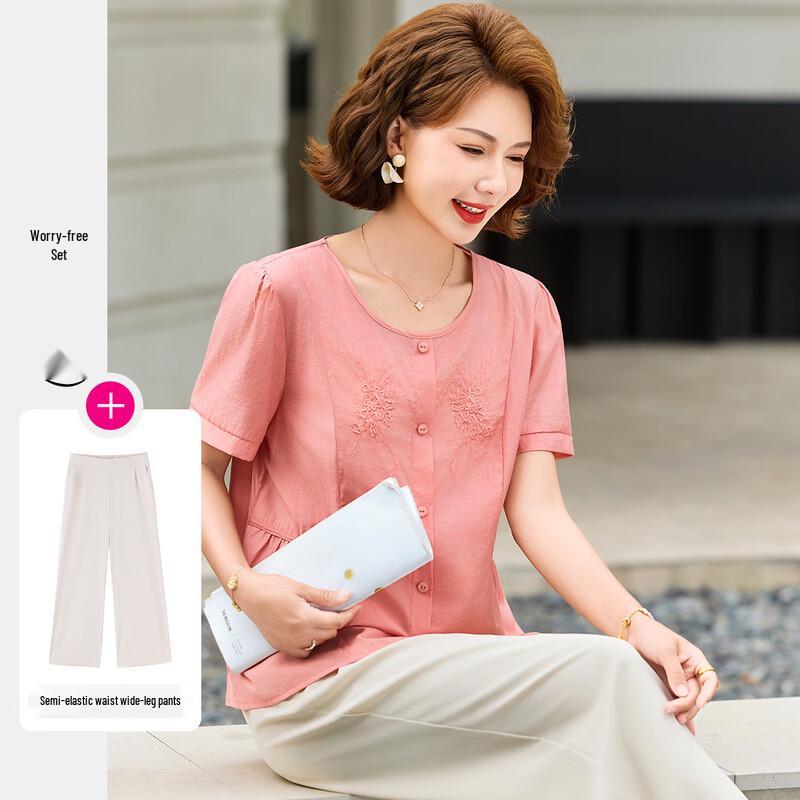 Paster Summer Embroidered Blouse Pants Set for Women XL розово-оранжевый