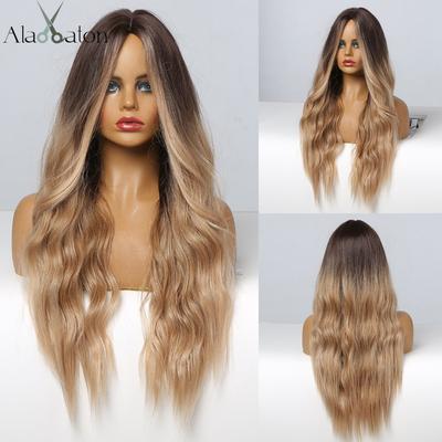 Long Wavy Black Brown Ombre Synthetic Wigs with Highlights for Women Middle Part Daily Party Heat Resistant Hair