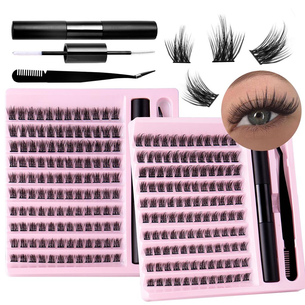 Segmented Multi-Hair Glue Tweezers Set, Natural Thick False Eyelashes C-Song Single Cluster Eyelashes