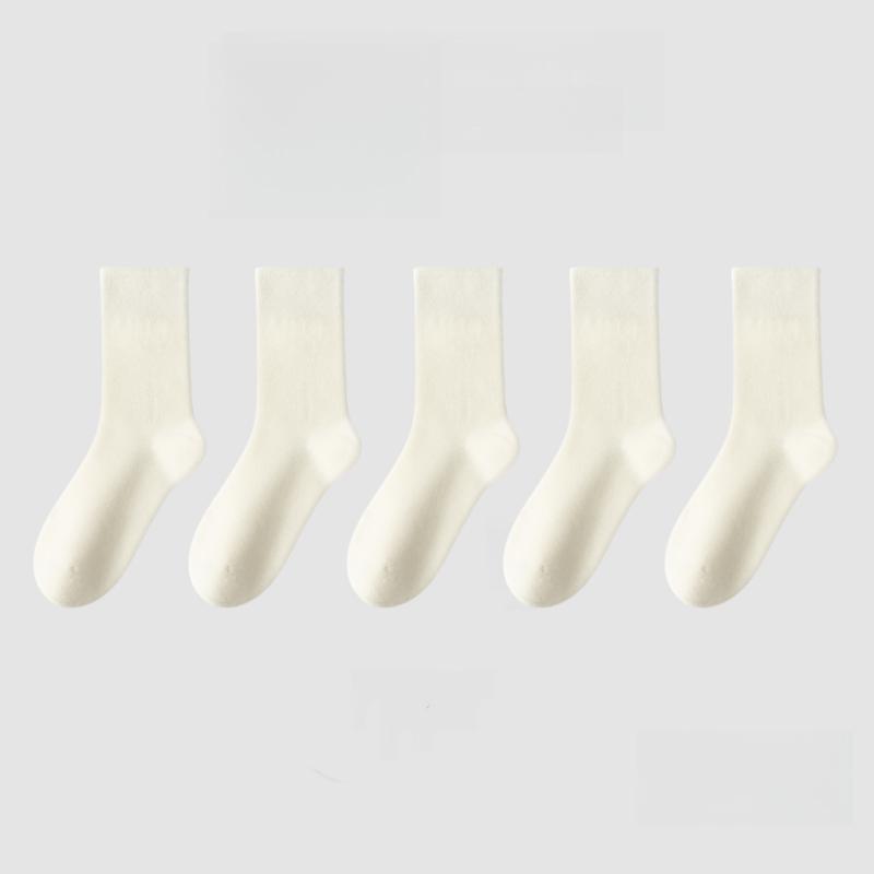 1/5 Pairs Cotton Socks Women Seamless Soft Crew Socks Medium Tube Long Loose Casual Solid Color Anti-Pilling Breathable