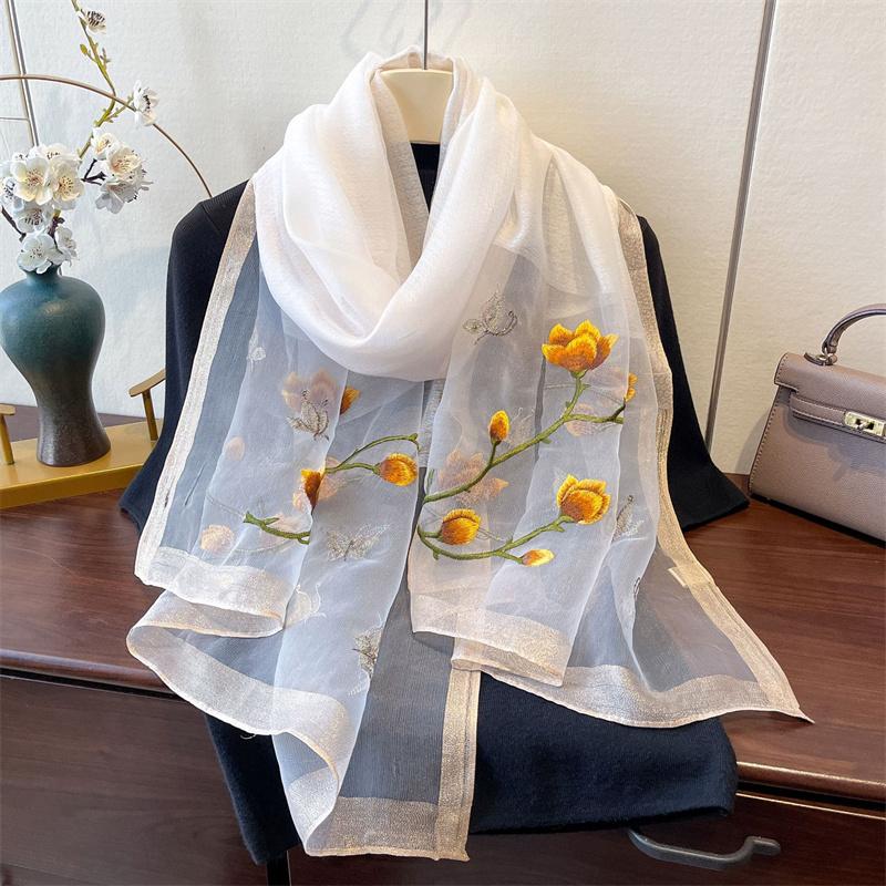 New Luxury Embroidered Silk Feeling Scarf For Women'S Silk Gold Border Scarf Elegant Decoration Embroidered Shawl For Lady