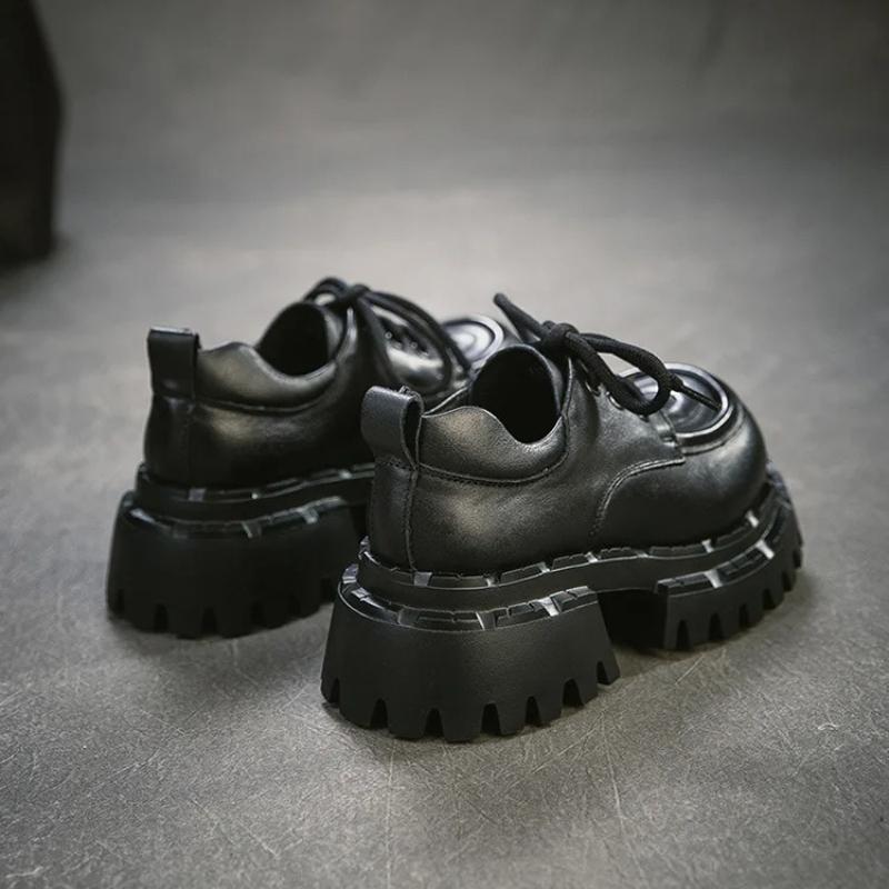 Johnature Britischer Stil Schnürschuhe Runde Spitze Dicke Sohle Echte Leder Vielseitige Damen High Heels Pumps