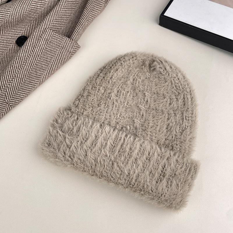 Frühlings- und Herbst-Plüsch-verdickte warme Mütze, großer Kopfumfang, kleines Gesicht Strickmütze Damen