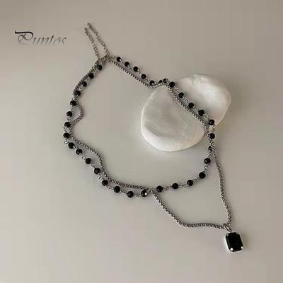Women Necklace Stacked Double Layers Black Rhinestone Decor Exquisite Stainless Adjustable Lightweight Lady Neck Decoration Jewelry